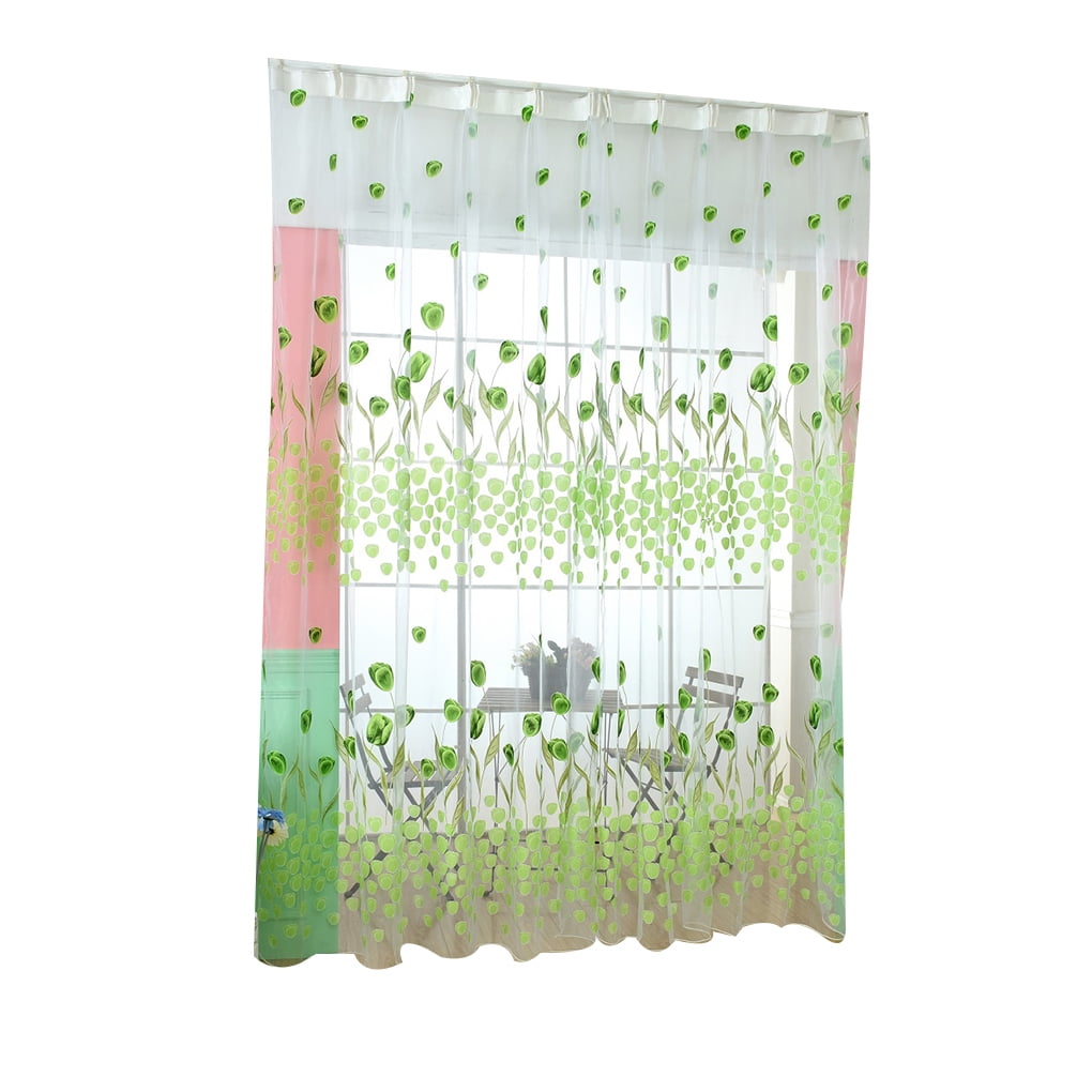 Tulip Window Screening Curtain Translucent Floral Print Door Room Divider Sheer Flower Window Drapes