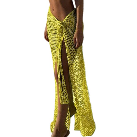 Women Long Beach Dress Knit Side Slit Beach Wrap Skirt Hollowed Crochet Swimsuit Coverup Wrap Beach Coverup Wrap Skirt
