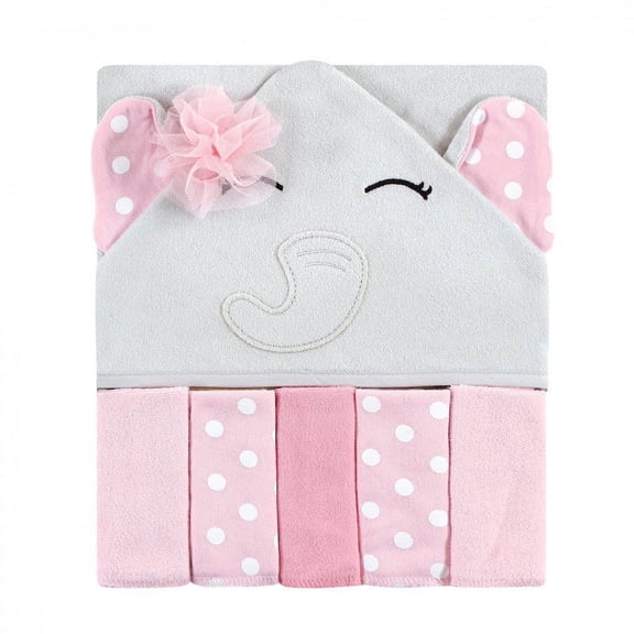 Hudson Baby Infant Girl Hooded Towel and Five Washcloths, White Dots Pretty Elephants, One Size