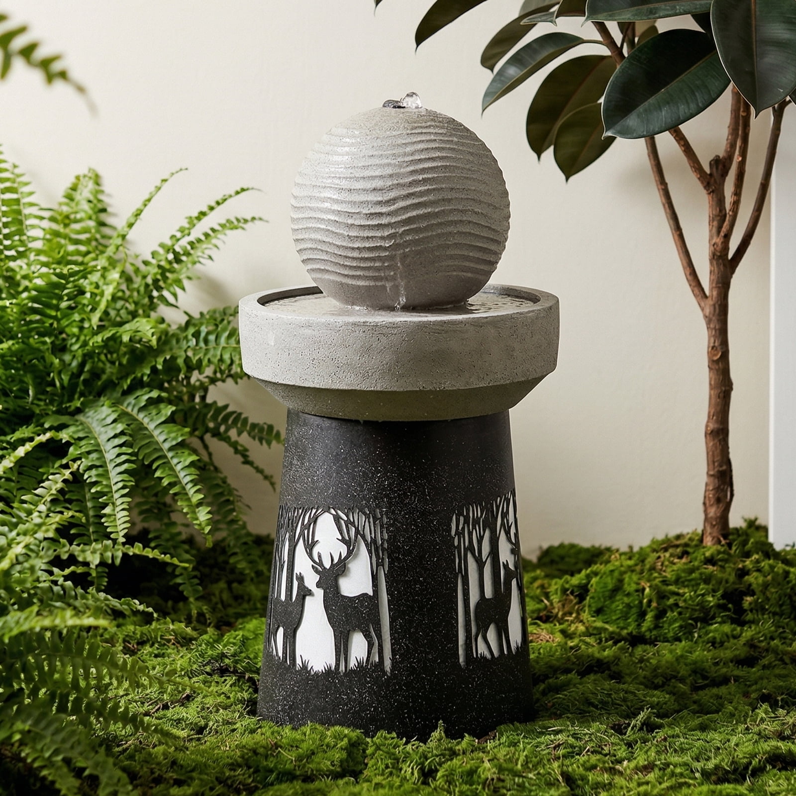 Mintazer 32.1" Modern Spherical Water Fountain with LED Lights, Outdoor Garden Fountain with Leaf Silhouette Base for Patio Yard Porch Landscape