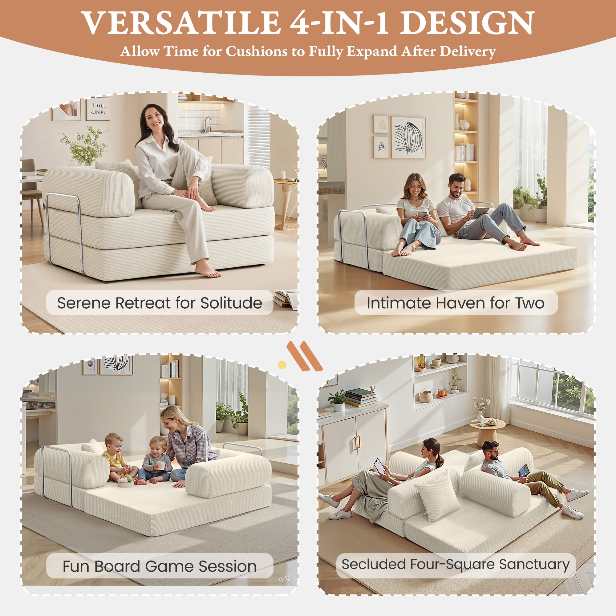 COOLHUT 63" W Combination Sofa, High Rebound Density Foam Sofa Couch, Two Forms Floor Couch Three Seats Sofa Bed for Living Room, Bedroom, Beige