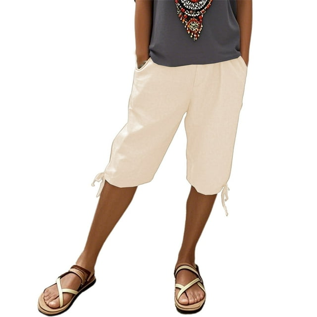 Women's Linen Pants with Pockets - Elastic Drawstring Leisure Five-Eighths Pants
