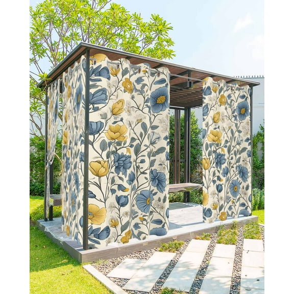 nqOlkjepod Outdoor Curtains for Patio Waterproof, Watercolor Wildflowers Outdoor Privacy Panels Grommet, Blue Yellow Spring Floral Blackout Outside Curtains for Porch/Cabana 54"x108", 2 Panels