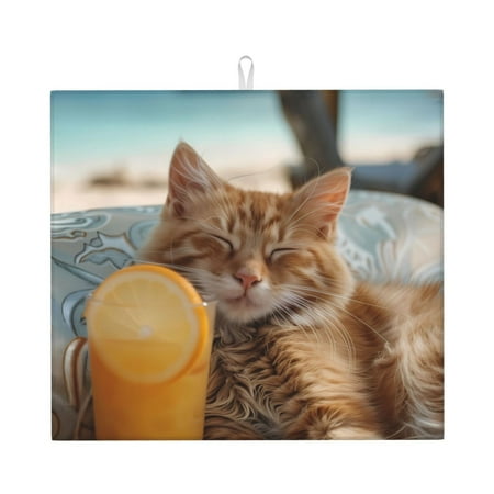 

Vsdgher Relaxing Cat With Orange Juice Print Dish Drying Mat Kitchen Counter Mat Dish Drying Pad for Dishes Utensils Pots and Pans 16 x 18