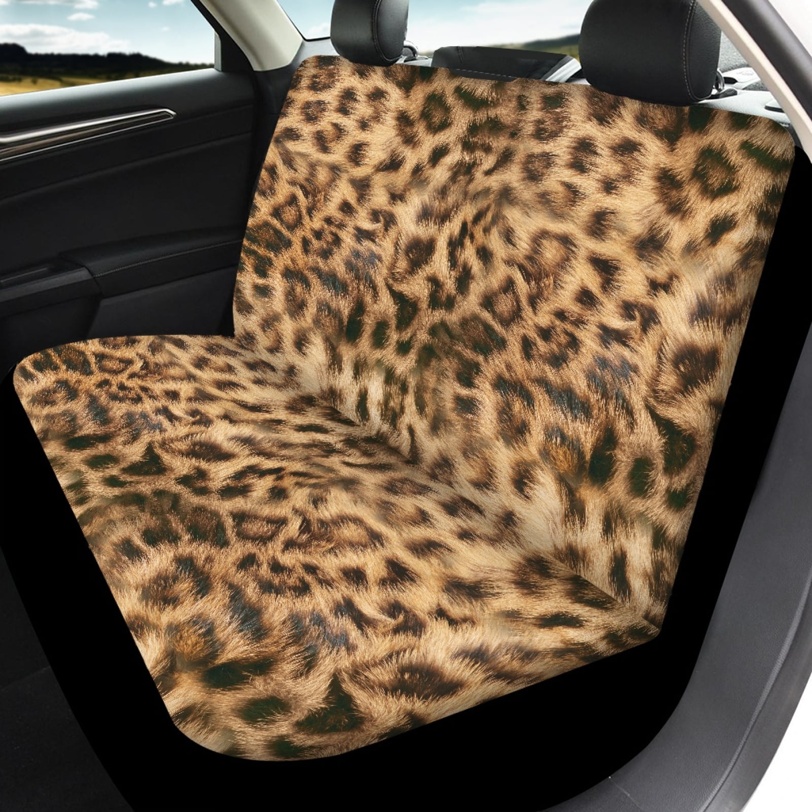 Renewold Brown Cheetah Print Car Seat Covers Universal Fit Car Front Seat Protector & Back Bench Cover Full Set Pack of 4, Easy to Install Machine Washable