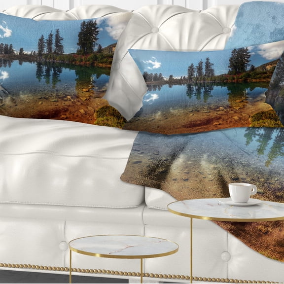 Designart Clear Lake with Row of Pine Trees - Landscape Printed Throw Pillow - 12x20