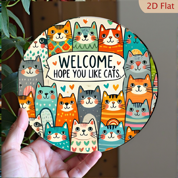 Colorful Cat Welcome Sign - Vintage Aluminum Wall Decoration with Fun Design _Hope You Like Cats_, Multi-Purpose Ornament for Home, Bedroom and Porch - Construcci 8*8inch