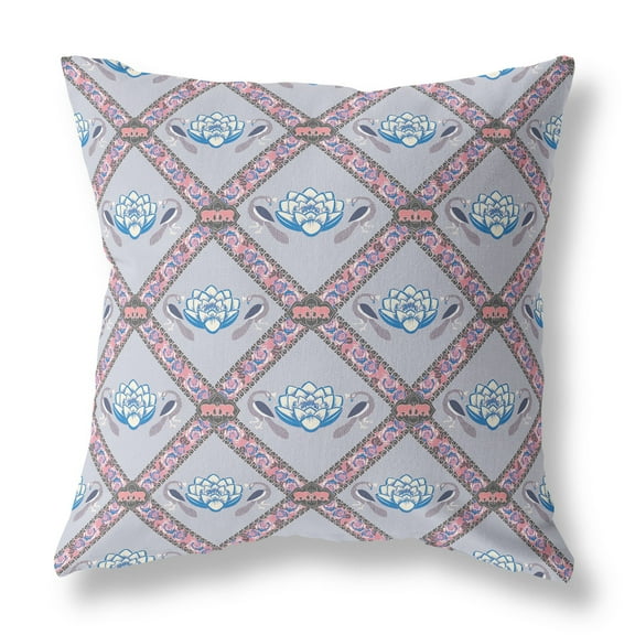 Lotus Peacock Rose Indoor/Outdoor Fabric Pillow in Gray Blue Pink 18x18