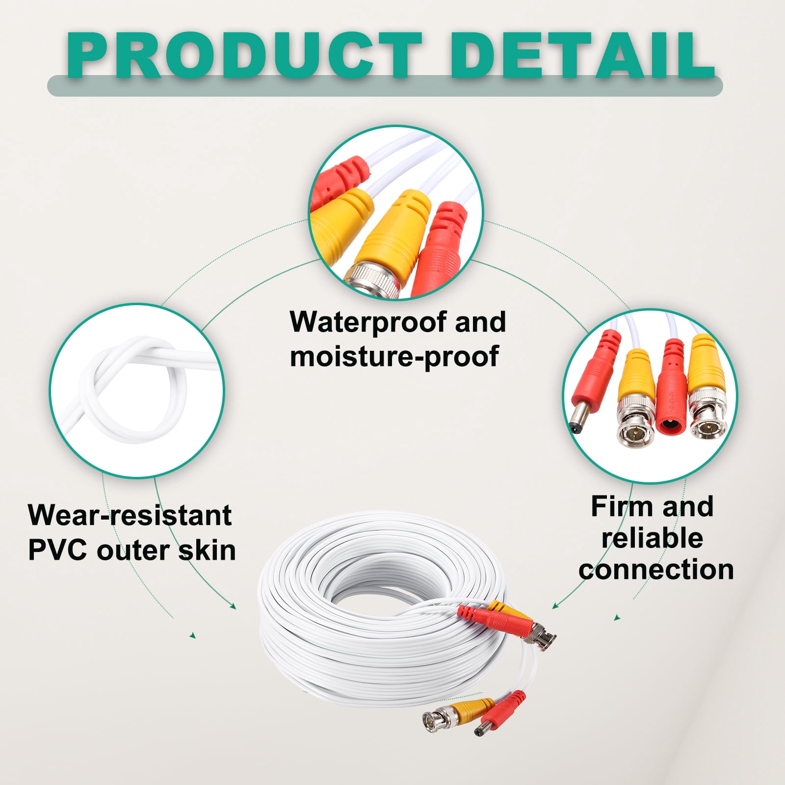 BNC Video Power Cable,30m/98ft All-in-One Security Camera Wire,1 Set White