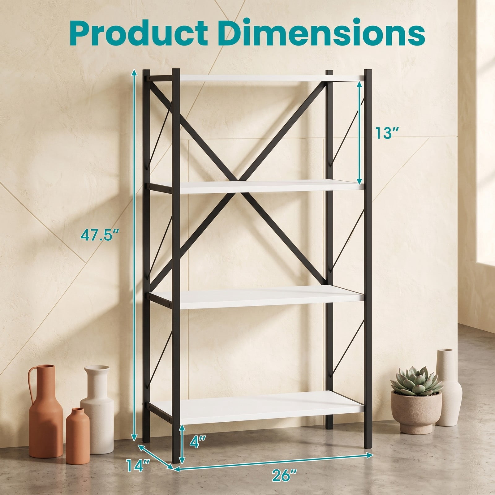 Furnibear 4-Tier Bookshelf with Heavy-Duty Metal Frame, X-Braced Freestanding Storage Bookcase Organizer Plant Stand for Living Room Bedroom Home Office, White