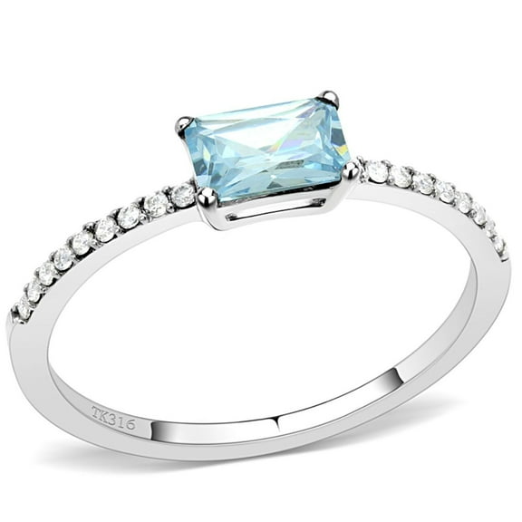 Luxe Jewelry Designs Stainless Steel Engagement Women's Ring with Sea Blue Cubic Zirconia - Size 8