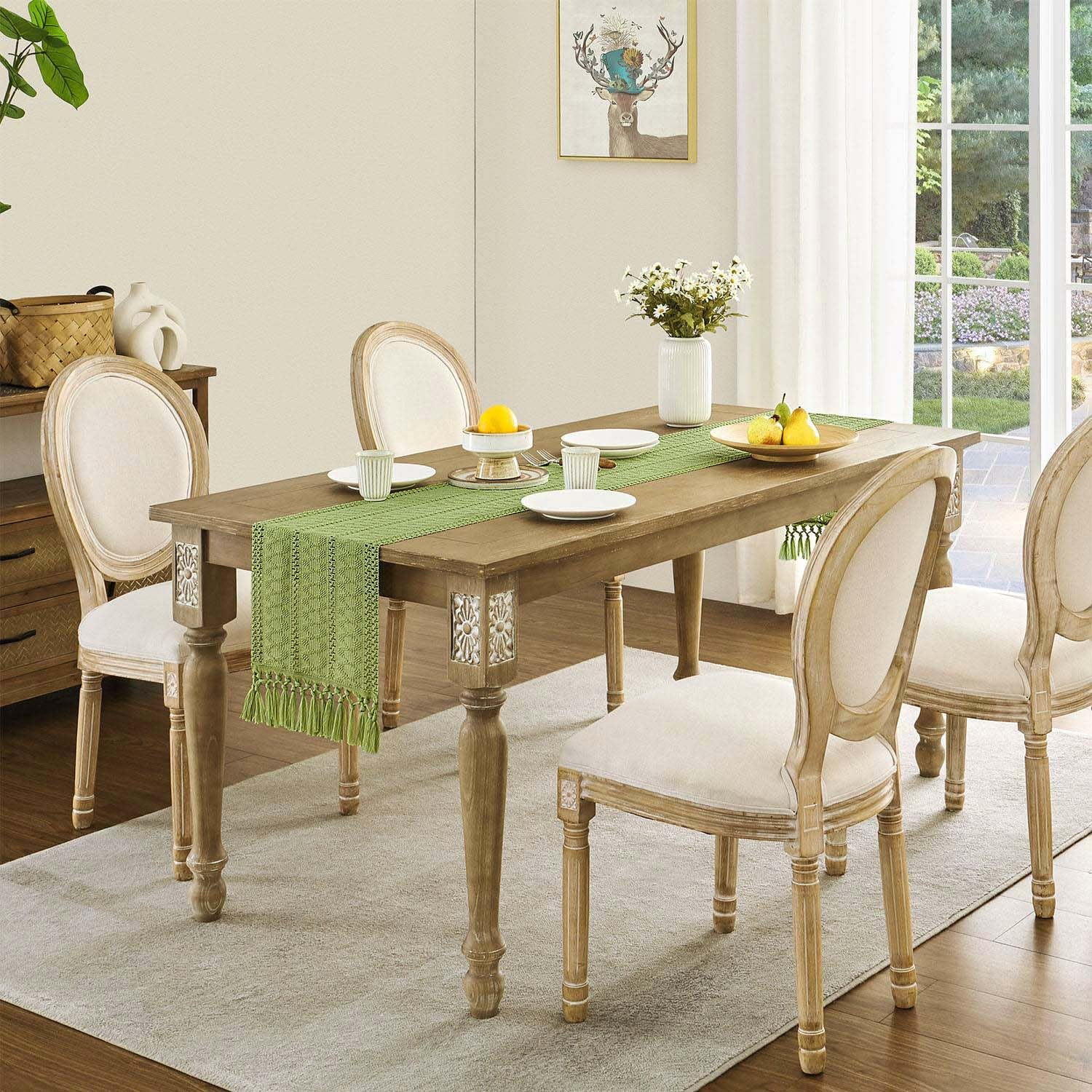 Boho Table Runner, Macrame Style Ivory Table Runners Farmhouse Woven Home Decor, 12x64 Inch, Green