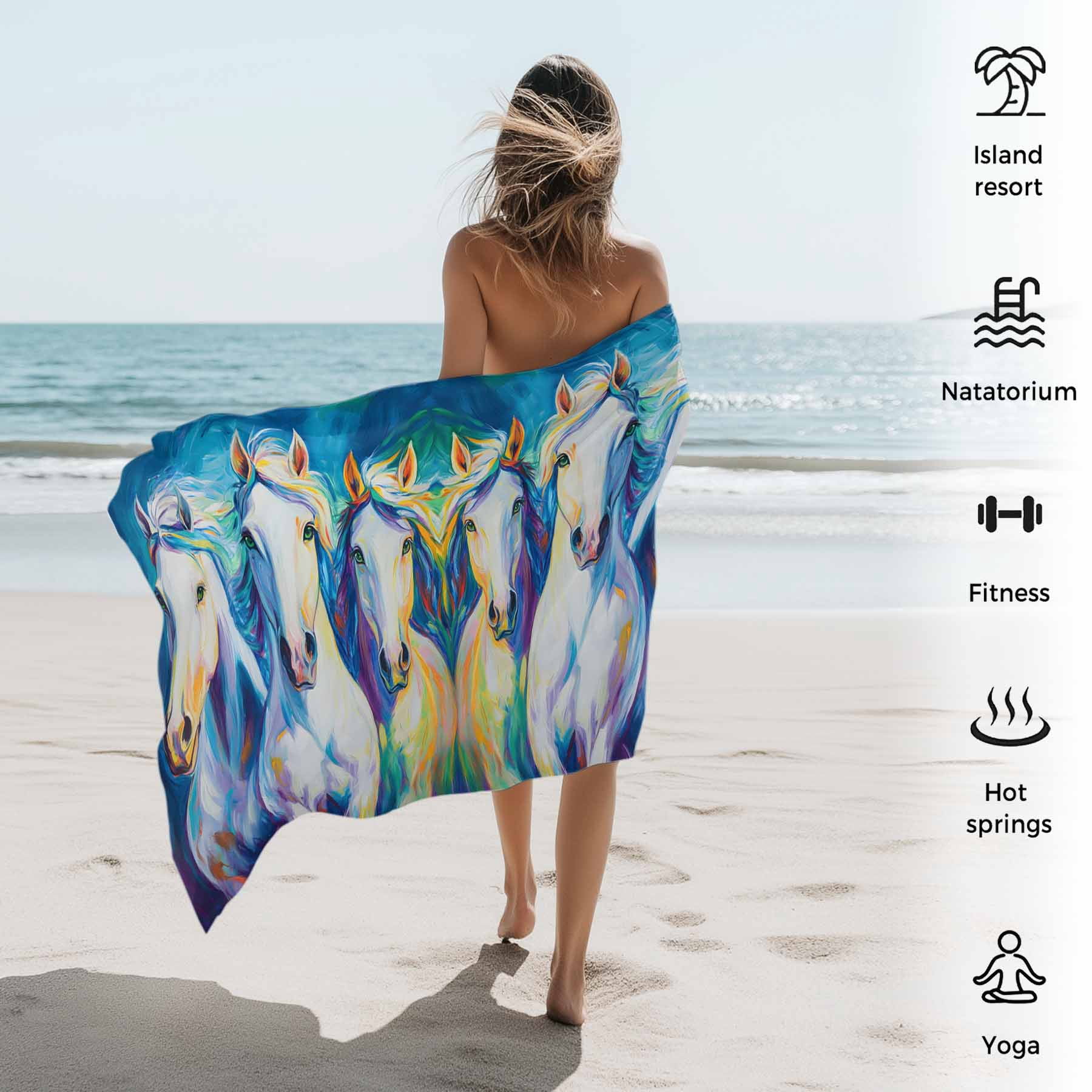Watercolor Horse Pattern Beach Towels Blanket Soft&Absorbent Quick Dry Microfiber White Blue Turquoise Green Pool Towels for Swimming ,Yoga, Sports, Gym, Camping,Large 30X60in,