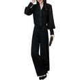 thumbnail image 5 of 2 Pcs/Set OL Commuting Outfit Shirt Pants Set Pure Color V Neck Long Sleeve Blouse High Waist Wide Leg Trousers Business Office Clothes, 5 of 8