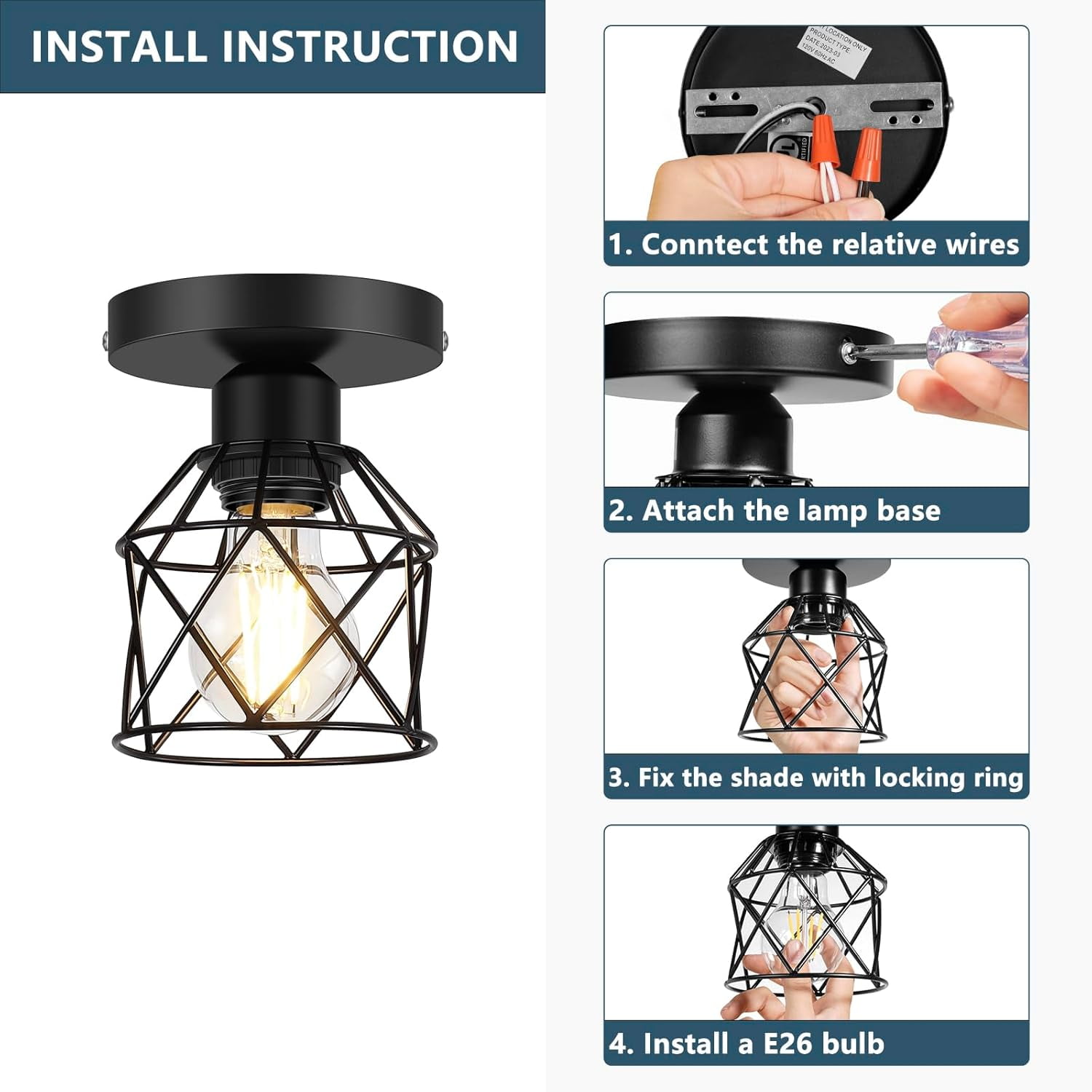 2-Pack Semi Flush Mount Ceiling Light Fixture with 2 LED Bulbs Black Kitchen Light Fixtures Ceiling Mount Ceiling Lamp for Kitchen, Hallway, Porch