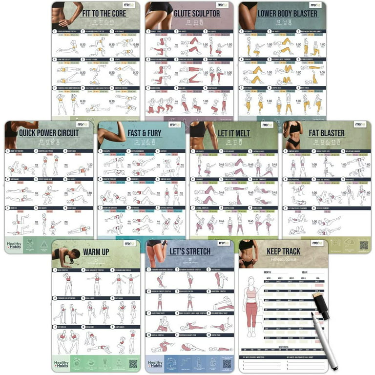 merka Women Daily Workout Poster Set Instructional Fitness Routine Guide  for Home or Gym, Set of 10