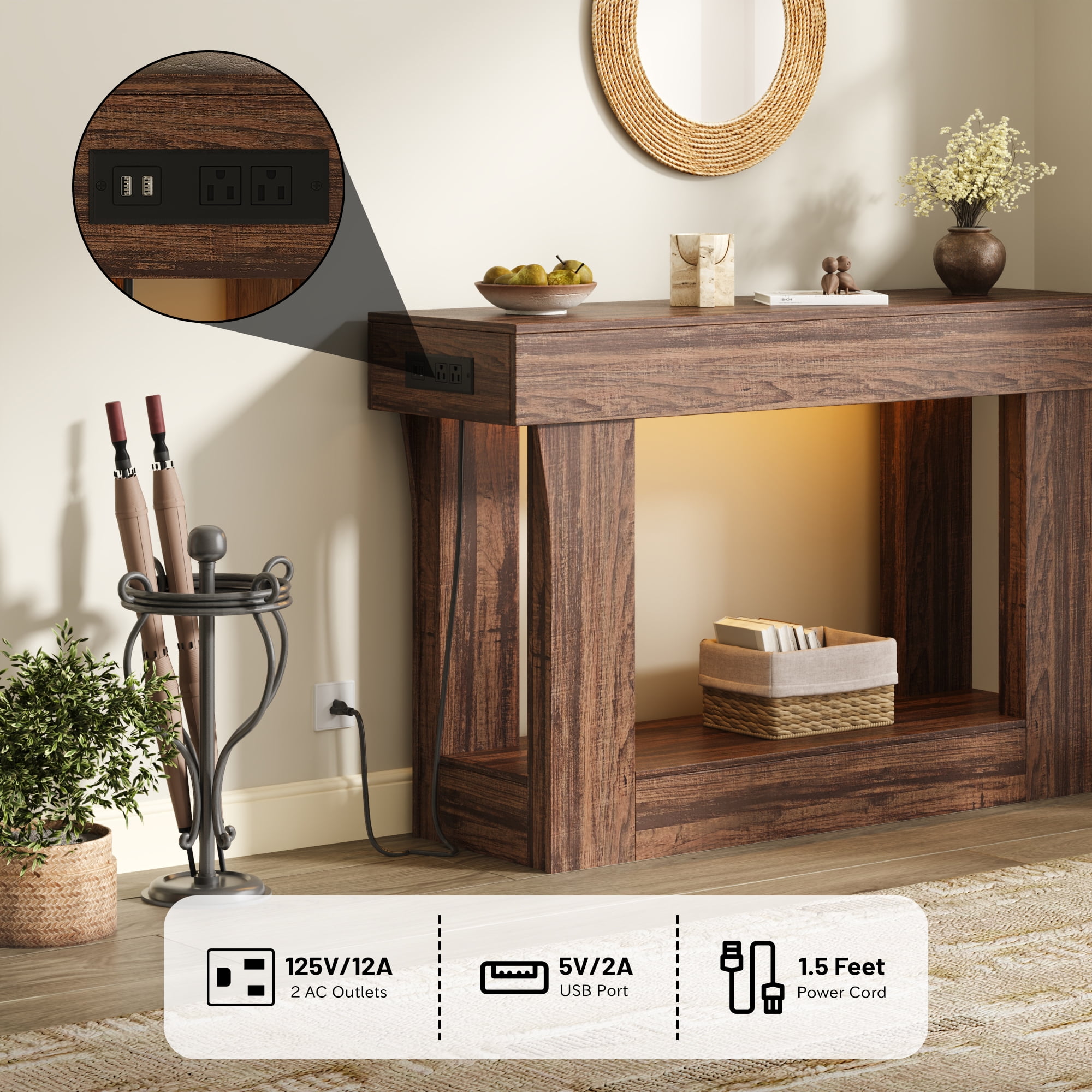 IDEALSOUL 47" Wooden Console Table, Long Sofa Table with with lighting & outlets, Entryway Table for Living Room, Hallway