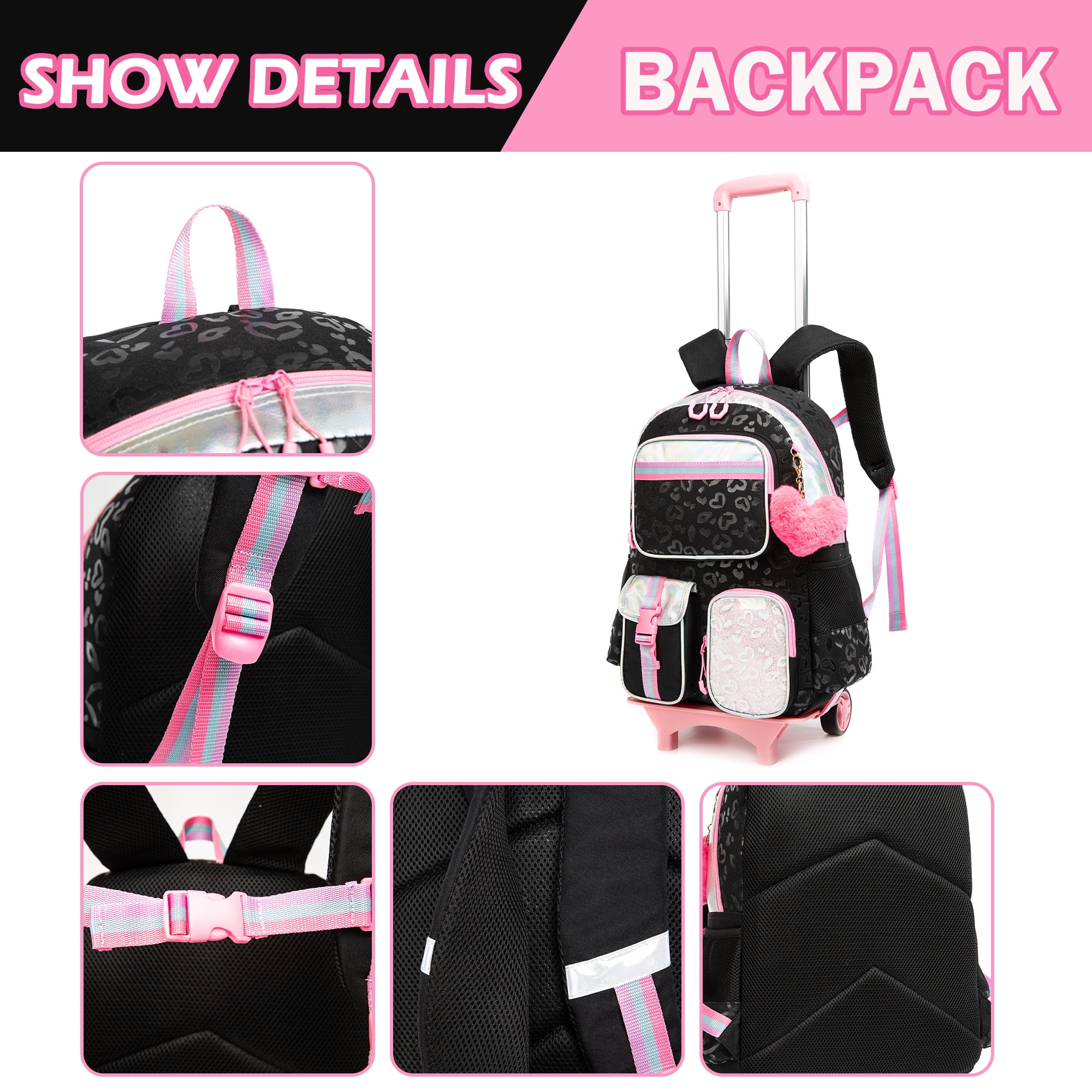Rolling Backpack for Girls with Wheels,Wheeled School Bags for Elementary Students Trolley Bookbag for Ages 8-10 17 Inch