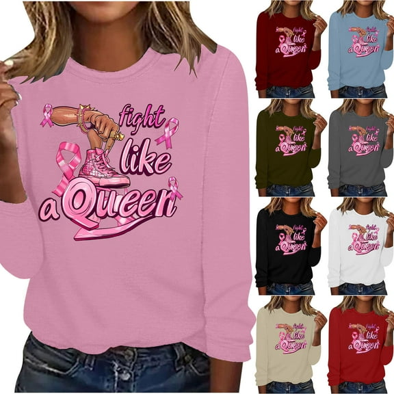 VKOYWKM Cancer T-Shirts Women Breast Cancer Awareness Tshirt Pink Ribbon Print Long Sleeve Shirt Casual Crew Neck Loose Fit Breast Cancer Blouses