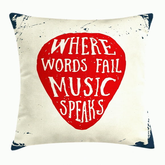 Rock Music Speak Throw Pillow - Hand Drawn Musical Slogan Cushion Cover - Decorative Square Accent Case - 18" X 18" Beige Red Slate Blue