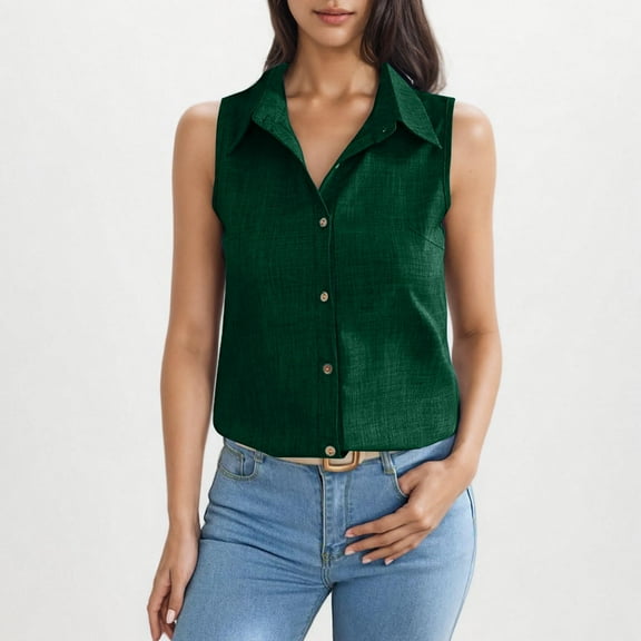 CaiJunJia Womens Lapel Tank Tops Summer Lightweight Cotton Sleeveless Button Down Office Dressy Shirt