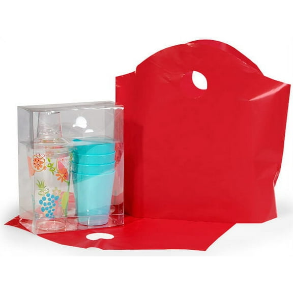 Pack Of 250, Solid Red Wave Top Plastic Bags Medium 18 X 15 X 6" 80% Recycled 2.25 Mil As Shopping Bag Or For Gift Packaging