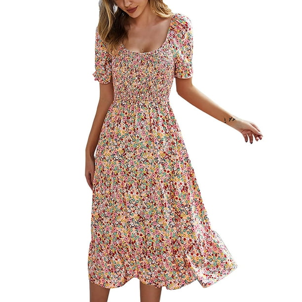 XINSHIDE Dresses Women Summer Floral Print Scoop Neck Midi Dress Casual ...
