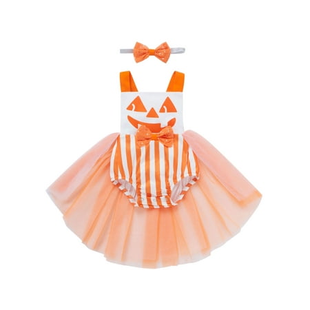 

Sunisery 2PCS Newborn Infant Kids Baby Girls Halloween Mesh Yarn Hem Jumpsuits and Headband Set Orange 0-6 Months