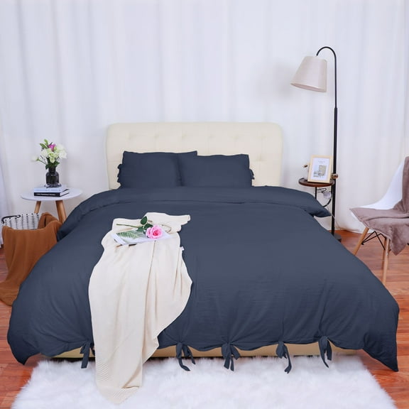 Unique Bargains Washed Cotton Duvet Cover Pillowcase Bedding Set Queen Navy Blue
