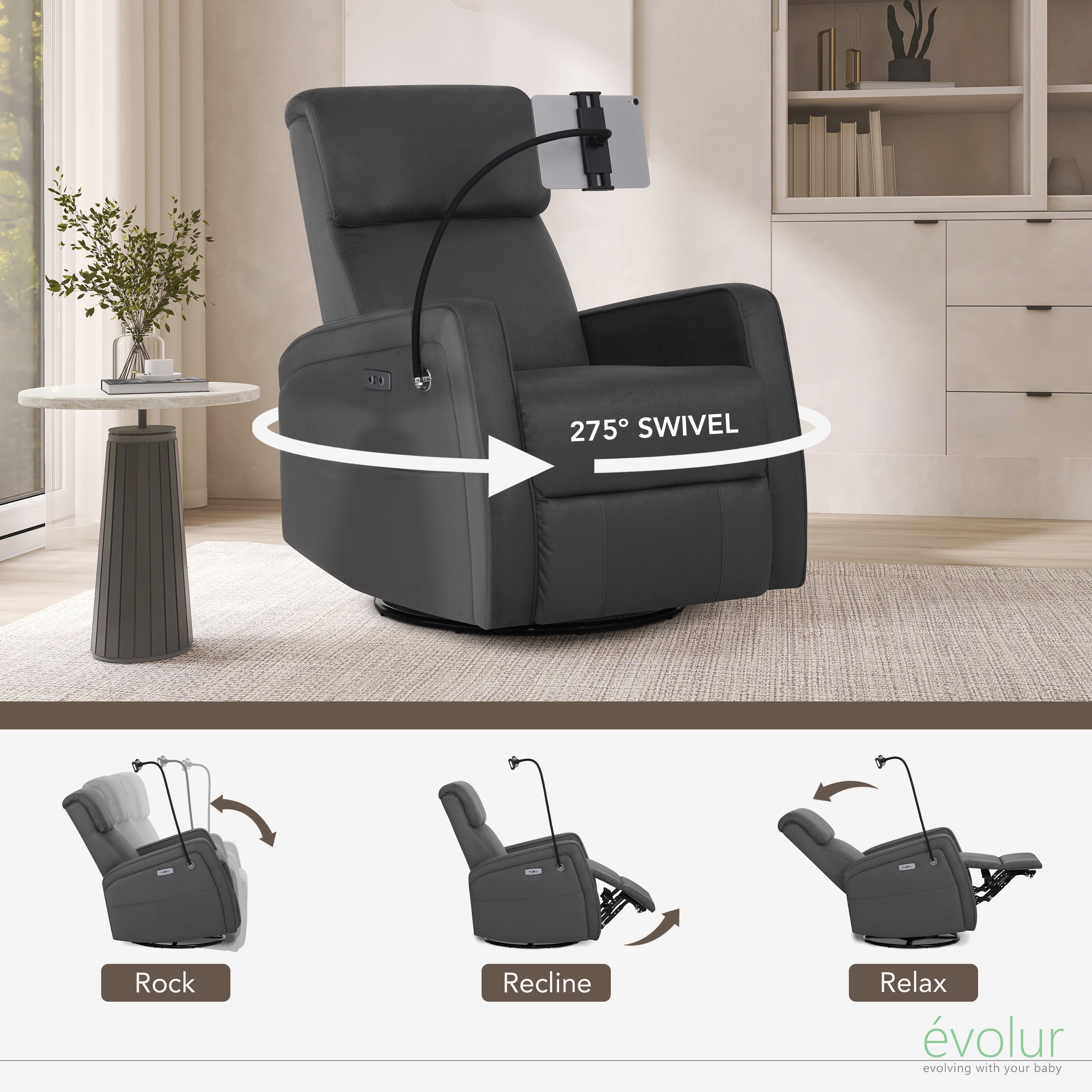 Evolur Maverick Power Recline Glider with Phone or Tablet Holder, Tempered Grey