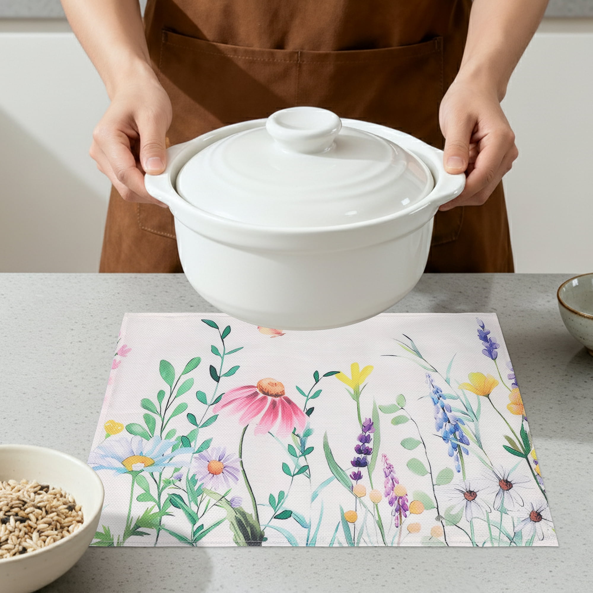 Unique Bargains Farmhouse Placemats Set of 6 Linen Placemats for Dining Table Floral