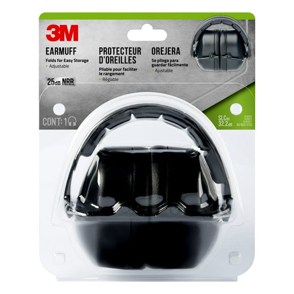 3M Lawn Garden Folding Earmuffs, Black, Adjustable, 90563G1-DC, NRR 25 dB