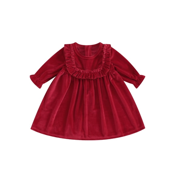 Cenuakty Kids Girl Christmas Dress Solid Color Long Sleeves Velvet A-Line Party Dress for Toddler Baby Spring Clothes