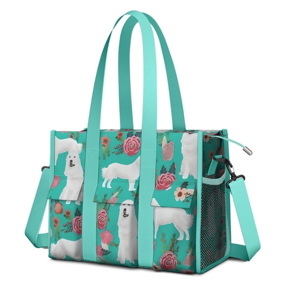 Teacher Tote Bag,Great Pyrenees Dog and Pioneer Flower Teacher Utility Tote Bag,Large Work Tote Bags for Women with Multiple Pockets,Top Zipper Closure,13.8x10.6x6.7 Inch