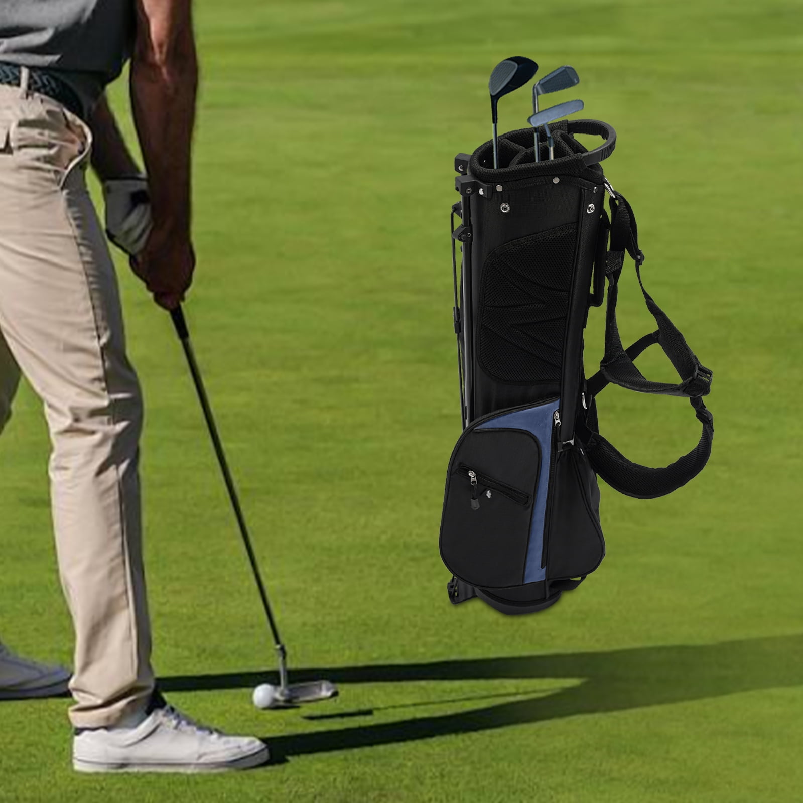 6.49x36.02in Black+Blue Golf Stand Bag,Nylon/Cotton,3 Dividers,5 Pockets,Triangular Stable Bracket,for Juniors & Adults