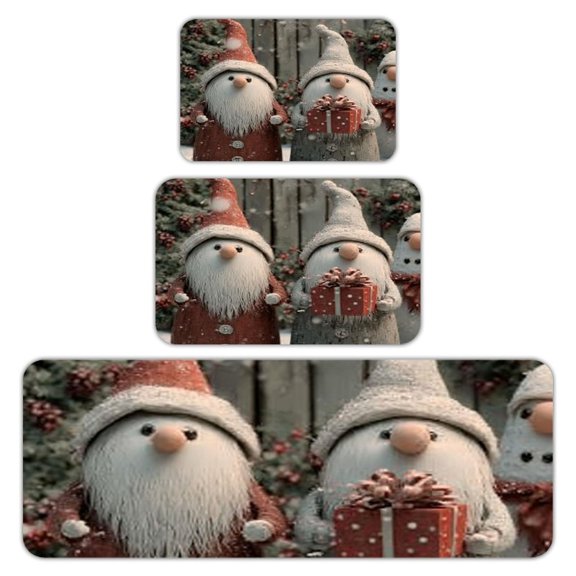 RKSupls Kitchen Rug Set 3 Piece Anti-Slip Flannel Floor Mats, Gnomes Christmas Snow Washable Absorbent Runner Mats for Kitchen Bathroom Home Decor
