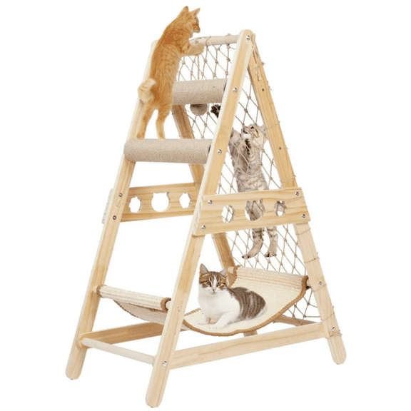 VGBYUJ Cat Hammock, Cat Tower for Indoor Cats with Straching Post Climbing Web and Danging Sisal Ball, Cute Solid Wood Cat Tree