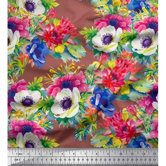 Soimoi Cotton Duck Fabric Leaves,Lotus & Anemone Floral Print Fabric by Yard 56 Inch Wide