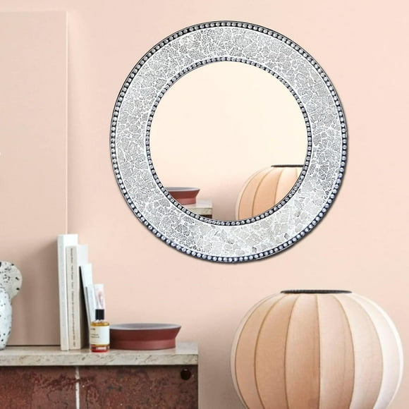 DecorShore Round Mosaic Mirror, Crackled Glass Bathroom Vanity Mirror, 24 Inch Decorative Mosaic Mirror, Mosaic Framed Wall Mirror for Living Room (Silver)