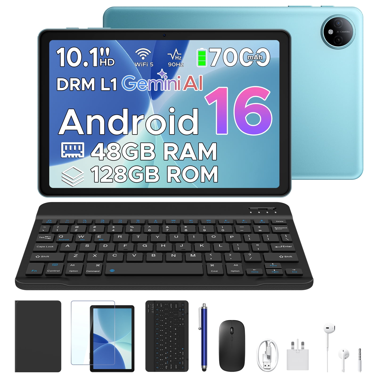 POCKAM P10 10.1 inch Tablet, 48GB RAM+128GB ROM, Android 16 Tablet with Gemini AI, 7000mAh, Unisoc T310 Quad-Core, 90Hz, 8MP+5MP, Dual Speakers, Headphone, Tablet with Keyboard, Pen, Case