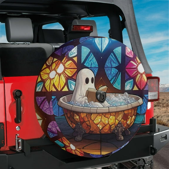 Lotusprinthandmade Cute Ghost Reading Book Bathroom Spare Tire Cover With Backup Camera Hole 6 Sizes (27 in.)