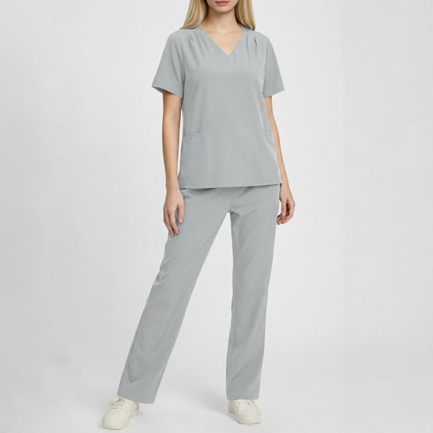 TaTaai Women Short Sleeve V-Neck Nursing Scrub Set Solid Color with Pockets Medical Uniform Top & Bottoms Ladies Clinic Work Daily Wear Soft Breathable No Fading Versatile Outfit Gift