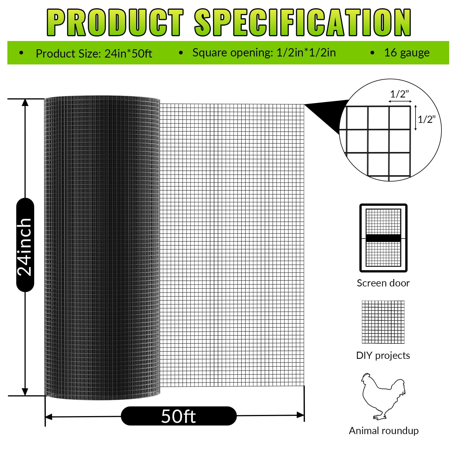 Hardware Cloth 24" x 50', Black Vinyl Coated Welded Wire Mesh, 16 Gauge 1/2 Inch Chicken Wire Fence Roll, Ideal for Chicken Coop Barriers, Rabbit & Snake Fencing, Poultry Enclosures