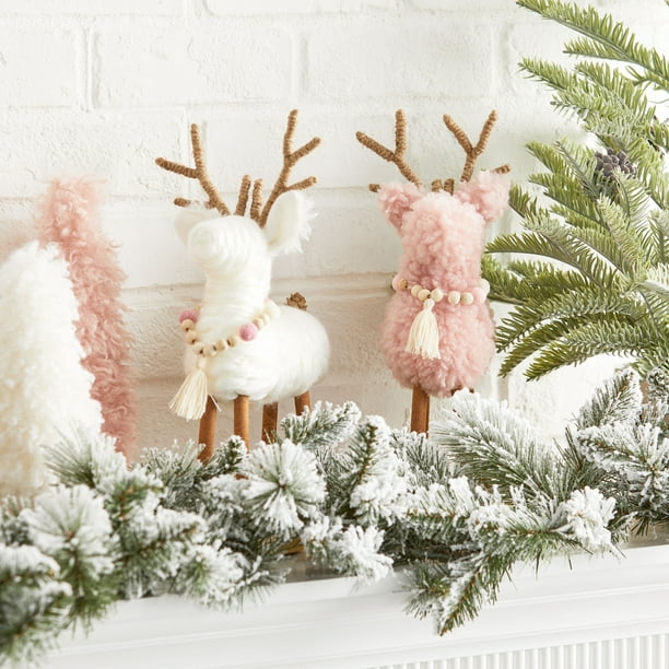 Holiday Time Pink and White Fabric Reindeer Tabletop Decorations, 13 ...