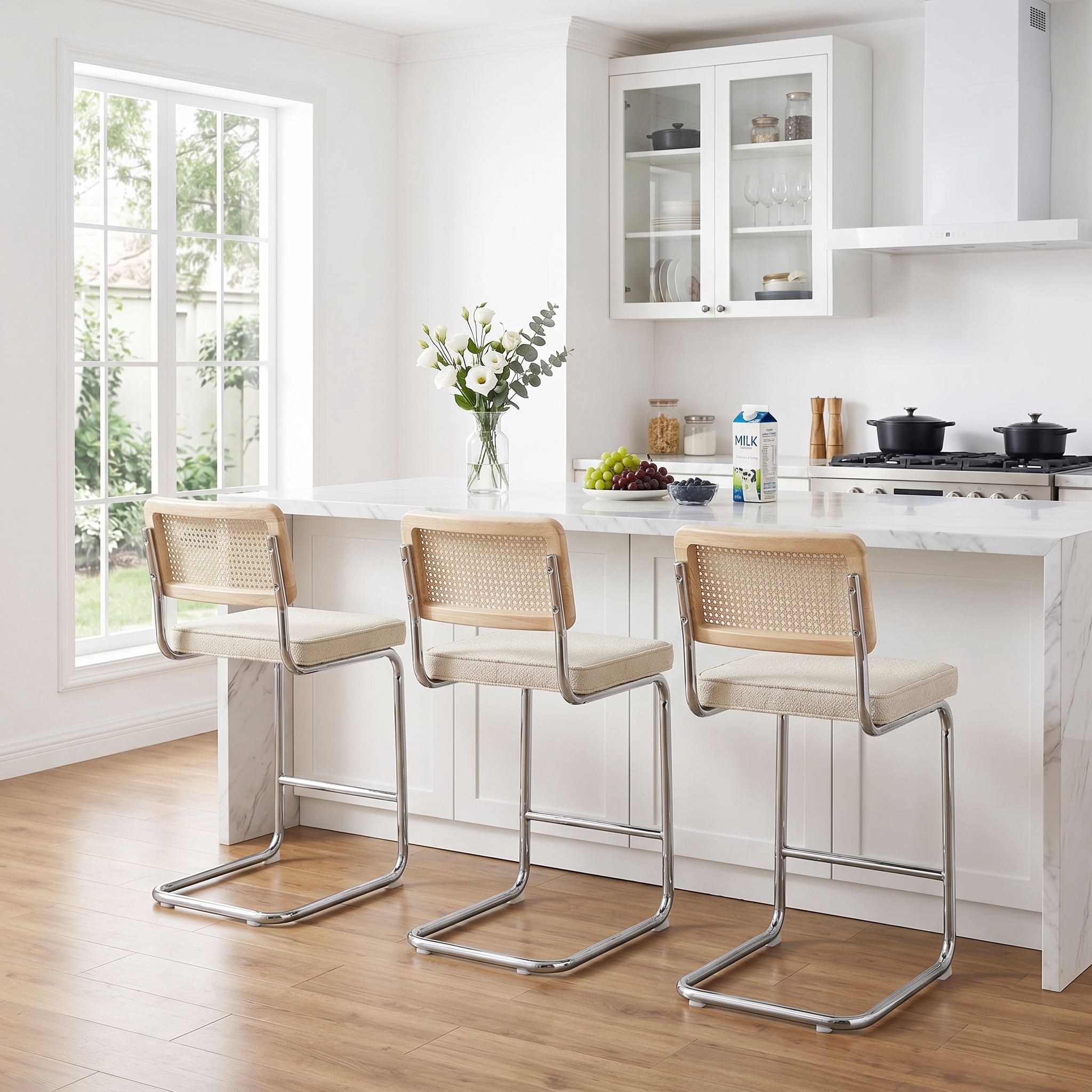 Zesthouse 26″ Rattan Bar Stools Set of 2, Linen Fabric Counter Height Chairs with Cane Back & Chrome Legs, Mid Century Cantilevered Design Barstools for Kitchen Island, Beige