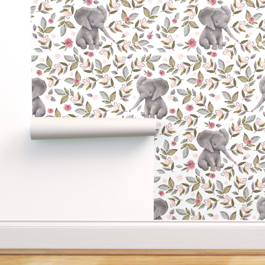 Removable Wallpaper Swatch - Baby Elephant Crown Mix Match Nursery Girl  Pink Roses Spring Floral Safari Animal Watercolor Girly Custom Pre-pasted  Wallpaper by Spoonflower 