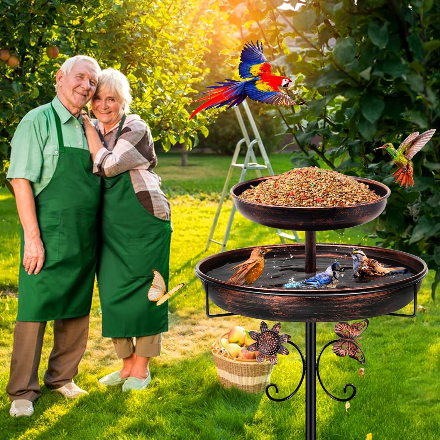 SLUMLOVE Bird Bath for Outside, 42In Double Metal Bird Bath for Garden Patio Yard Lawn Decor, Upgraded 5-Pronged Base