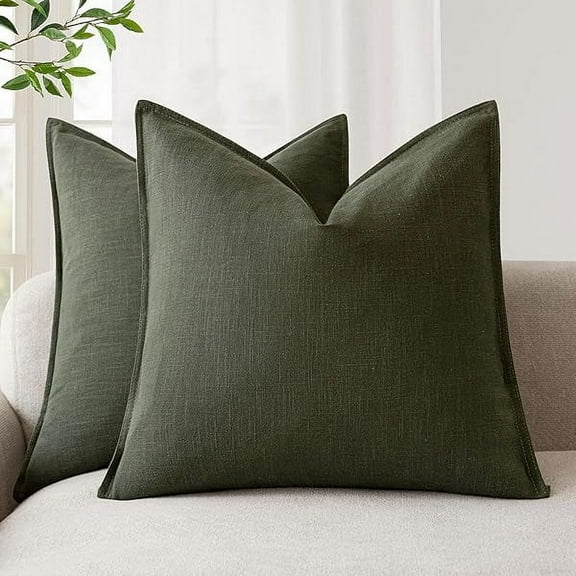Pack of 2, Decorative Linen Solid Throw Pillow Covers Soft Accent Cushion Case Farmhouse Neutral Pillowcase for Chair Couch Sofa Bedroom Living Room Home Decor 20x20 Inch Dark Olive Green