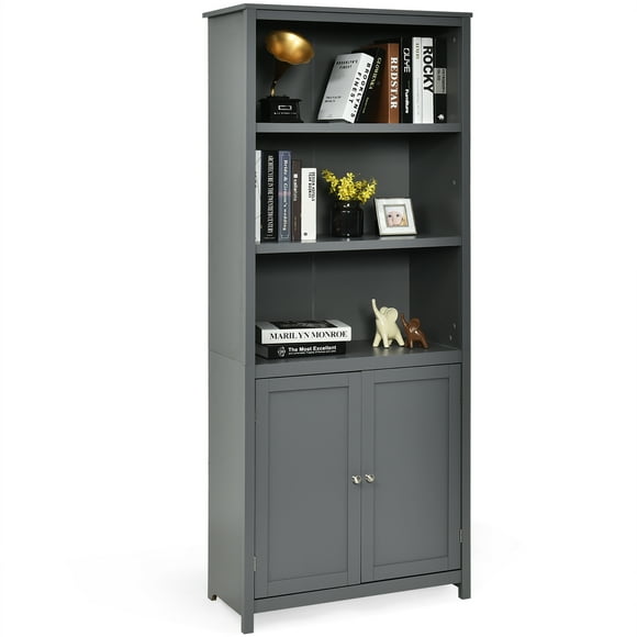 Costway Bookcase Shelving Storage Wooden Cabinet Unit Standing Bookcase W/Doors Gray