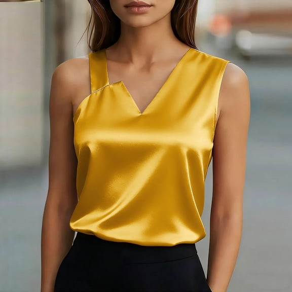 Women's Satin Camisole, Solid Color Sleeveless V-Neck Tank Top, Elegant Silk Feel Casual Summer Blouse Yellow Xl